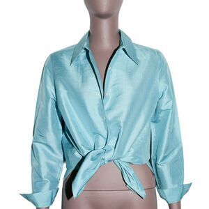 Vintage 100% Silk Blue Button Down Shirt Classic Minimalist Top Small
